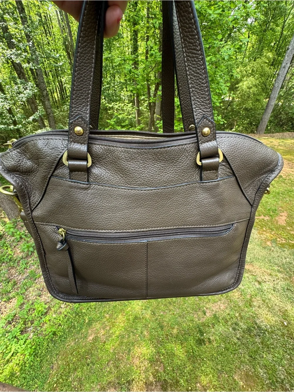 Lodis Margo Brown Olive Leather Satchel Crossbody Braided Top Handle